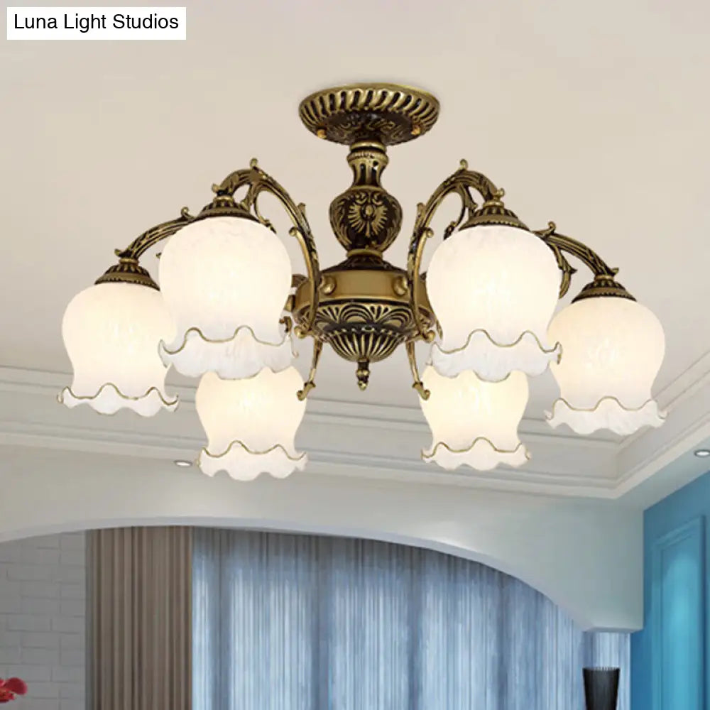 Frosted Glass Flush Mount Chandelier - Bud Shade Classic Living Room Semi Light Fixture 6 / Bronze
