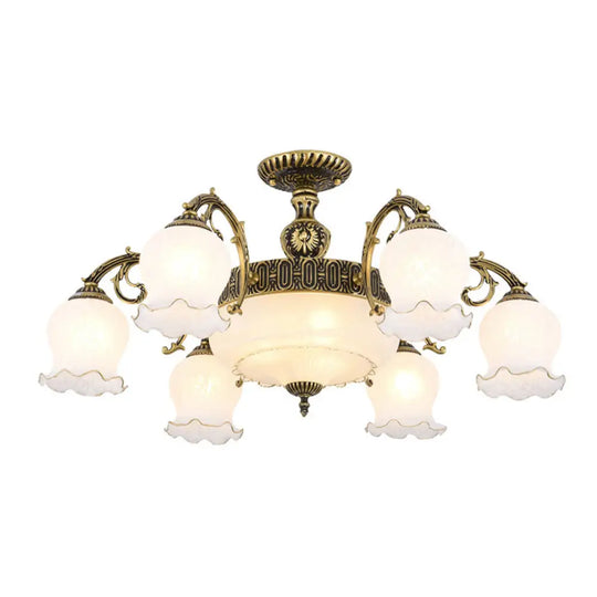 Frosted Glass Flush Mount Chandelier - Bud Shade Classic Living Room Semi Light Fixture 9 / Bronze