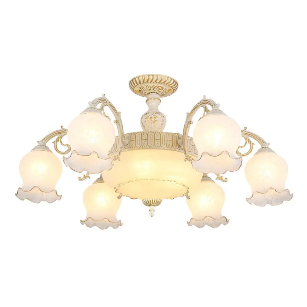 Frosted Glass Flush Mount Chandelier - Bud Shade Classic Living Room Semi Light Fixture 9 / White