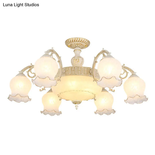 Frosted Glass Flush Mount Chandelier - Bud Shade Classic Living Room Semi Light Fixture 9 / White