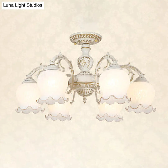 Frosted Glass Flush Mount Chandelier - Bud Shade Classic Living Room Semi Light Fixture 6 / White