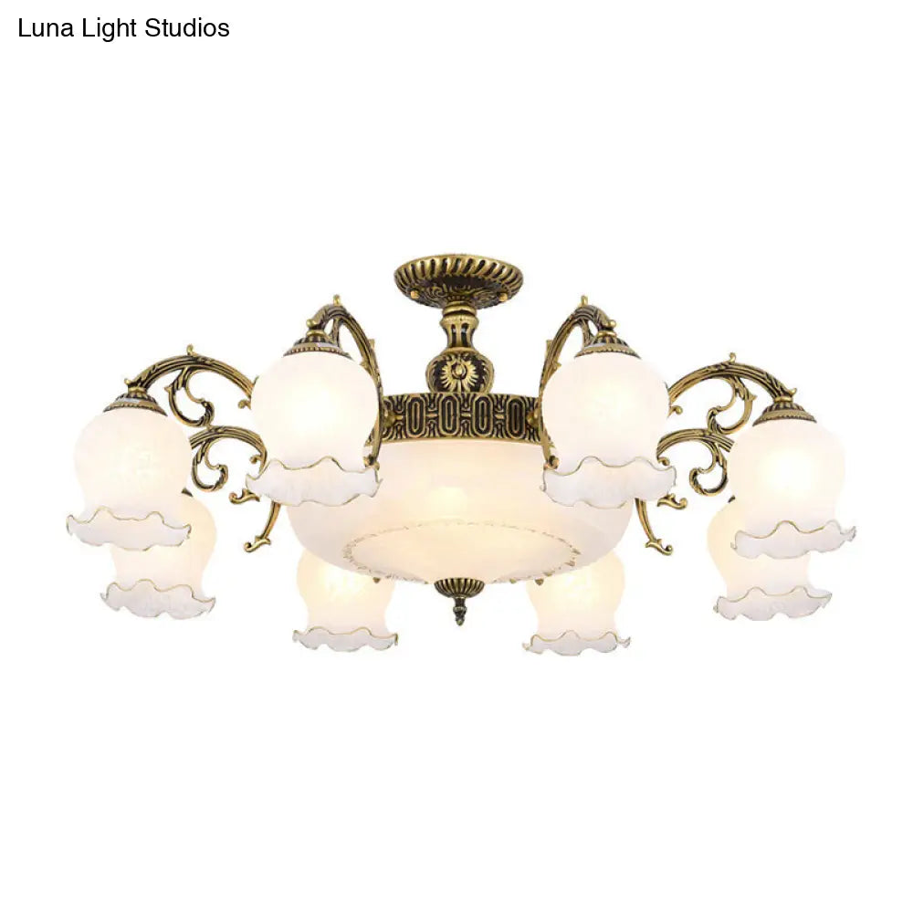 Frosted Glass Flush Mount Chandelier - Bud Shade Classic Living Room Semi Light Fixture 11 / Bronze