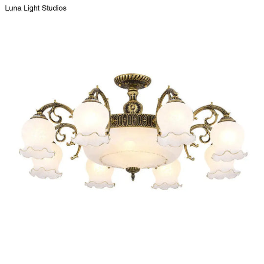 Frosted Glass Flush Mount Chandelier - Bud Shade Classic Living Room Semi Light Fixture 11 / Bronze