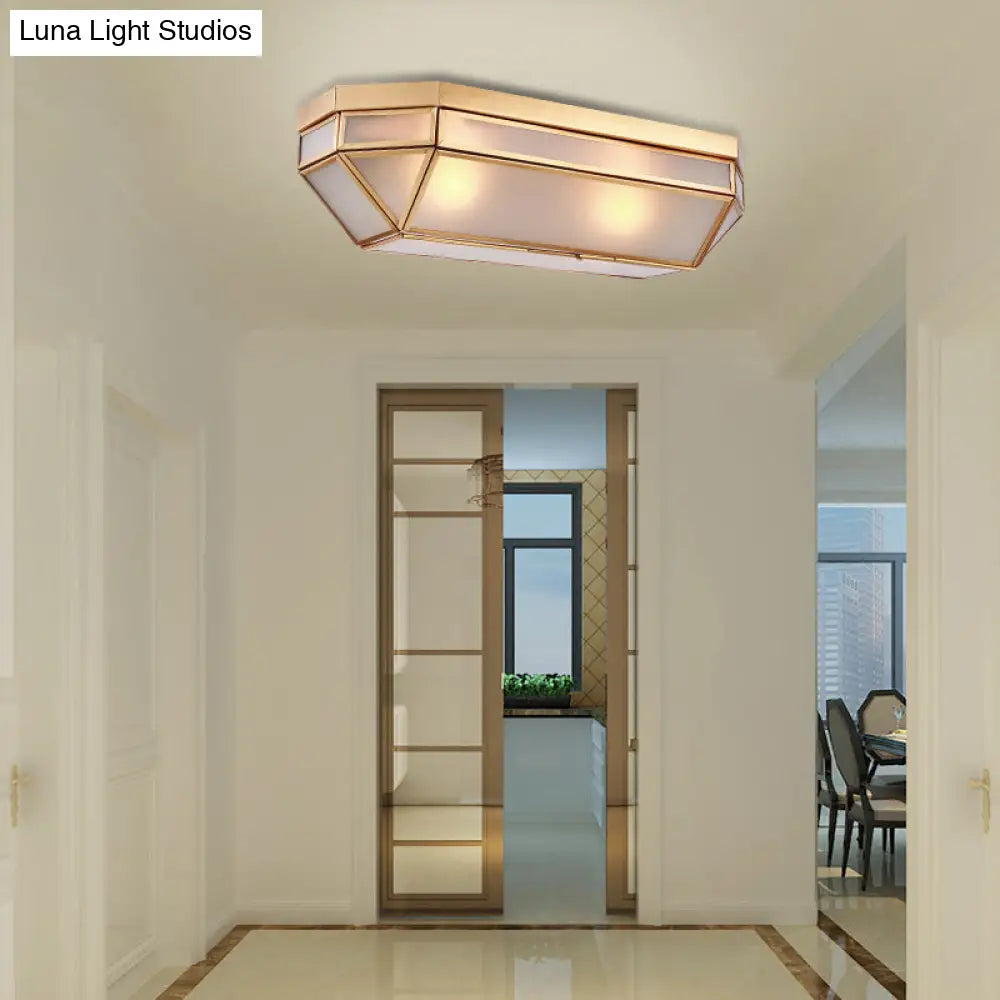 Frosted Glass Flush Mount Fixture With 2 Brass Lights - Perfect For Foyers