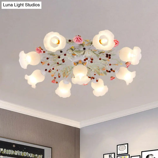 Frosted Glass Flush Mount Green Light - Korean Flower Design For Bedroom (4/6/9 - Head)