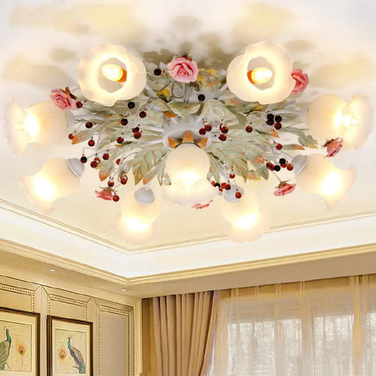 Frosted Glass Flush Mount Green Light - Korean Flower Design For Bedroom (4/6/9 - Head) 9 /