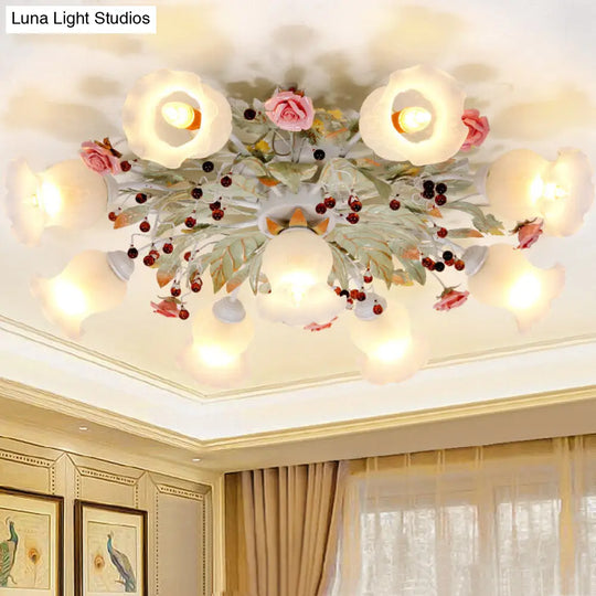 Frosted Glass Flush Mount Green Light - Korean Flower Design For Bedroom (4/6/9-Head) 9 /