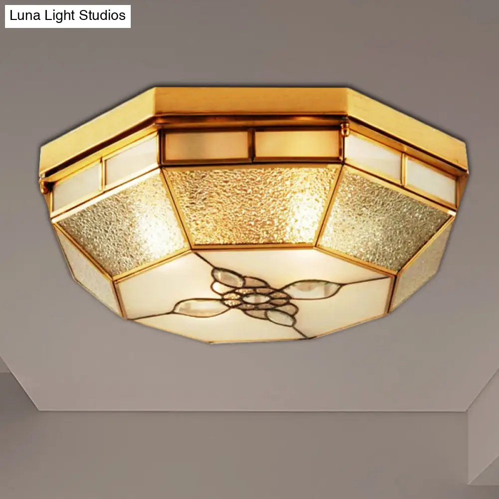 Frosted Glass Geometric Flush Ceiling Light With Gold Accents - Traditional Bedroom Lighting (4/6