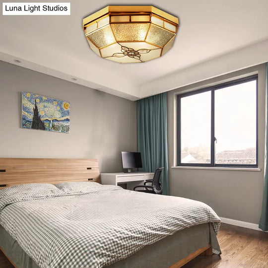 Frosted Glass Geometric Flush Ceiling Light With Gold Accents - Traditional Bedroom Lighting (4/6