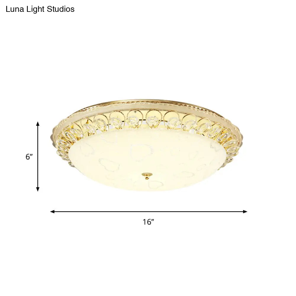 Frosted Glass Gold Ceiling Lamp - Domed Led Flush Light With Crystal Accent (16/19.5 Wide)