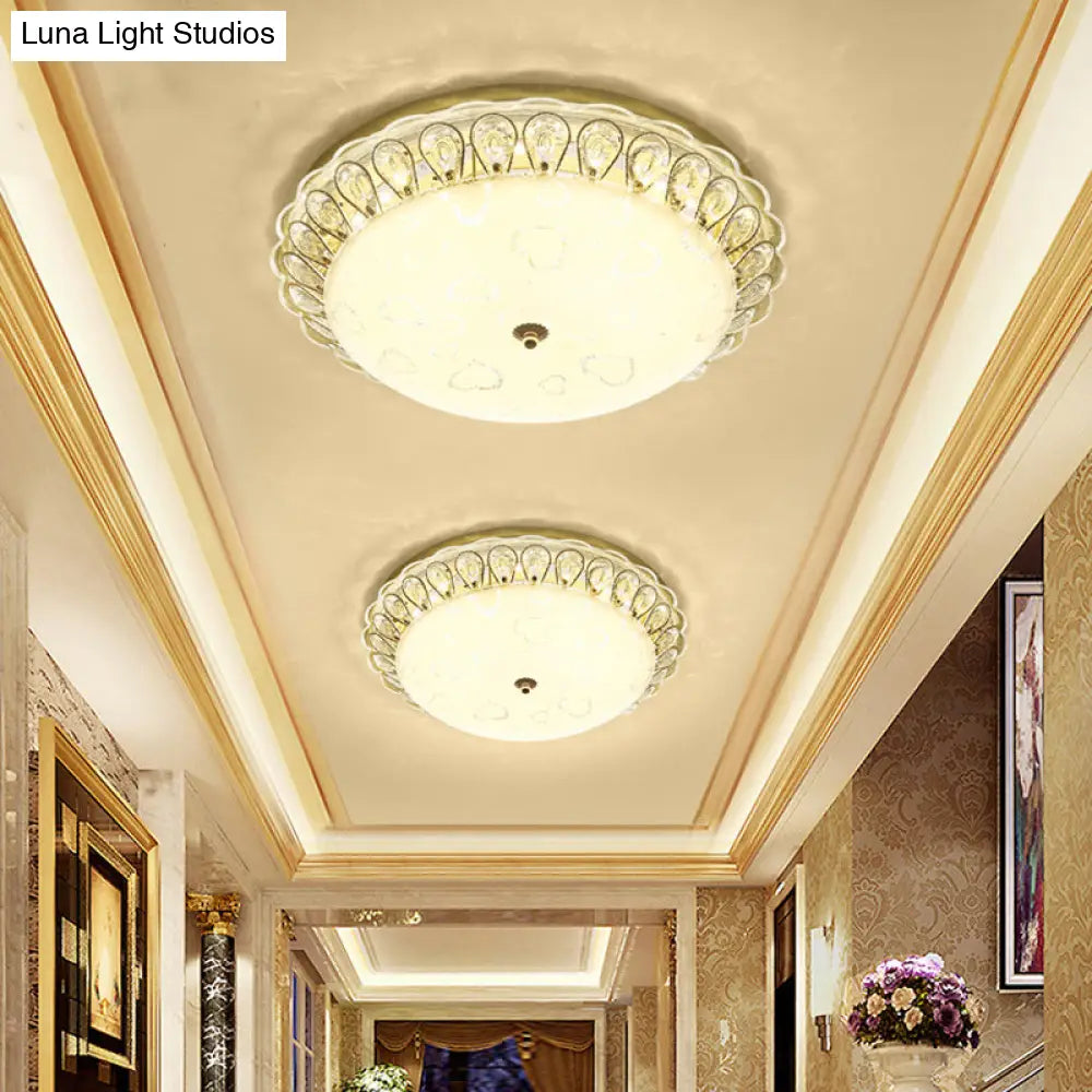 Frosted Glass Gold Ceiling Lamp - Domed Led Flush Light With Crystal Accent (16’/19.5’ Wide)