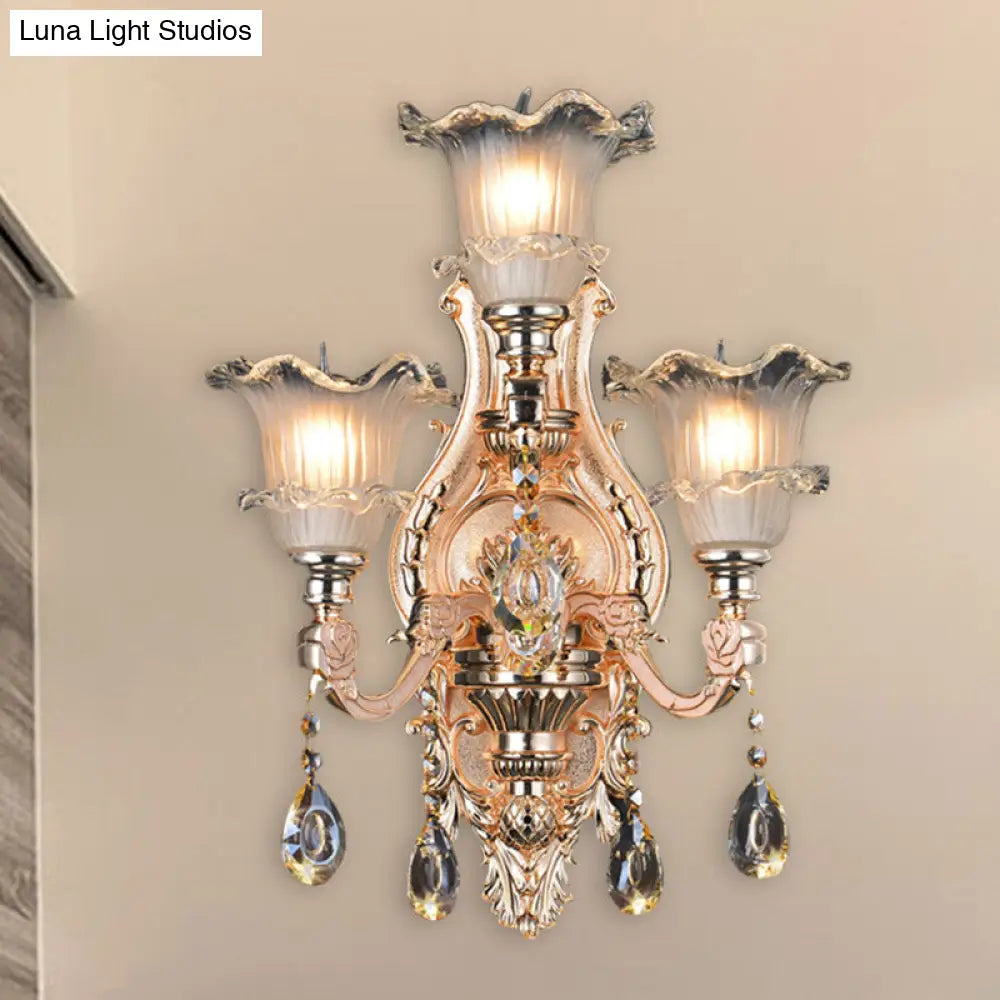 Frosted Glass Gold Wall Lamp: Traditionalist Floral Lighting Fixture For Restaurants With Crystal