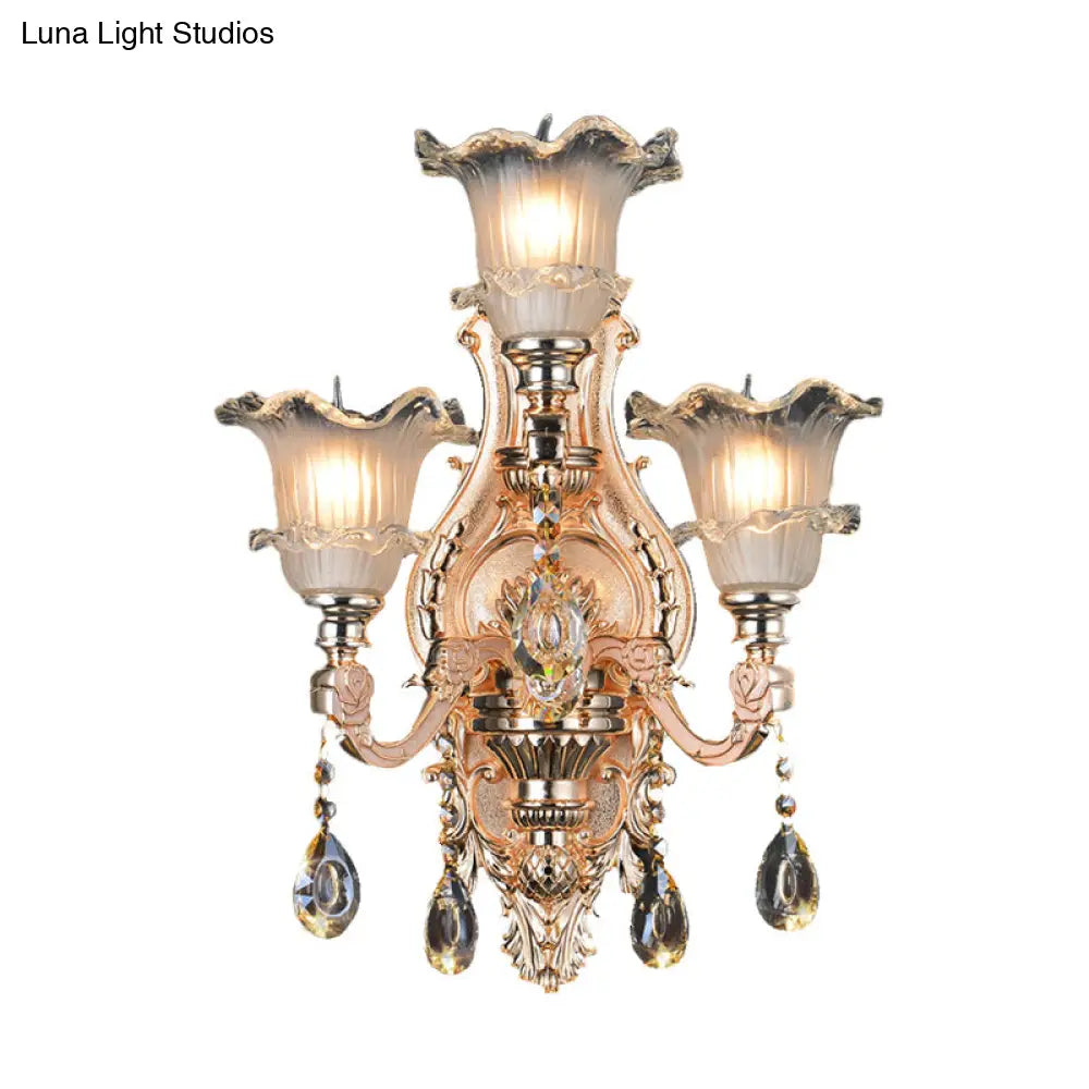 Frosted Glass Gold Wall Lamp: Traditionalist Floral Lighting Fixture For Restaurants With Crystal