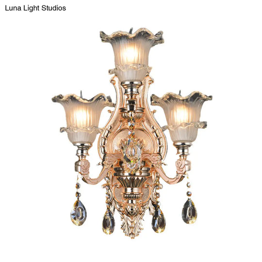 Frosted Glass Gold Wall Lamp: Traditionalist Floral Lighting Fixture For Restaurants With Crystal