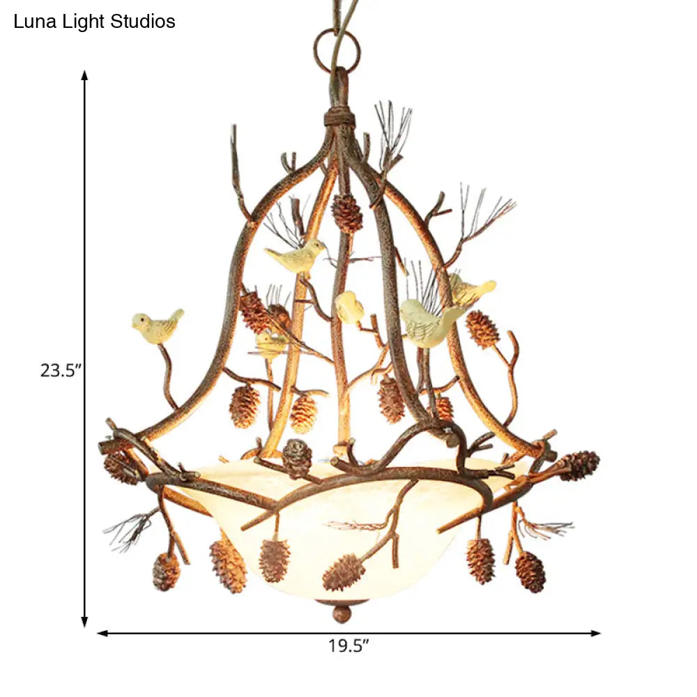 Frosted Glass Hanging Chandelier With Country Brown Finish - 3 Lights Bird And Pinecone Design Ideal