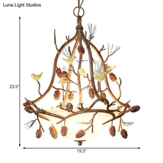 Frosted Glass Hanging Chandelier With Country Brown Finish - 3 Lights Bird And Pinecone Design Ideal