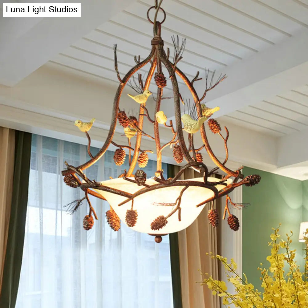 Frosted Glass Hanging Chandelier With Country Brown Finish - 3 Lights Bird And Pinecone Design Ideal