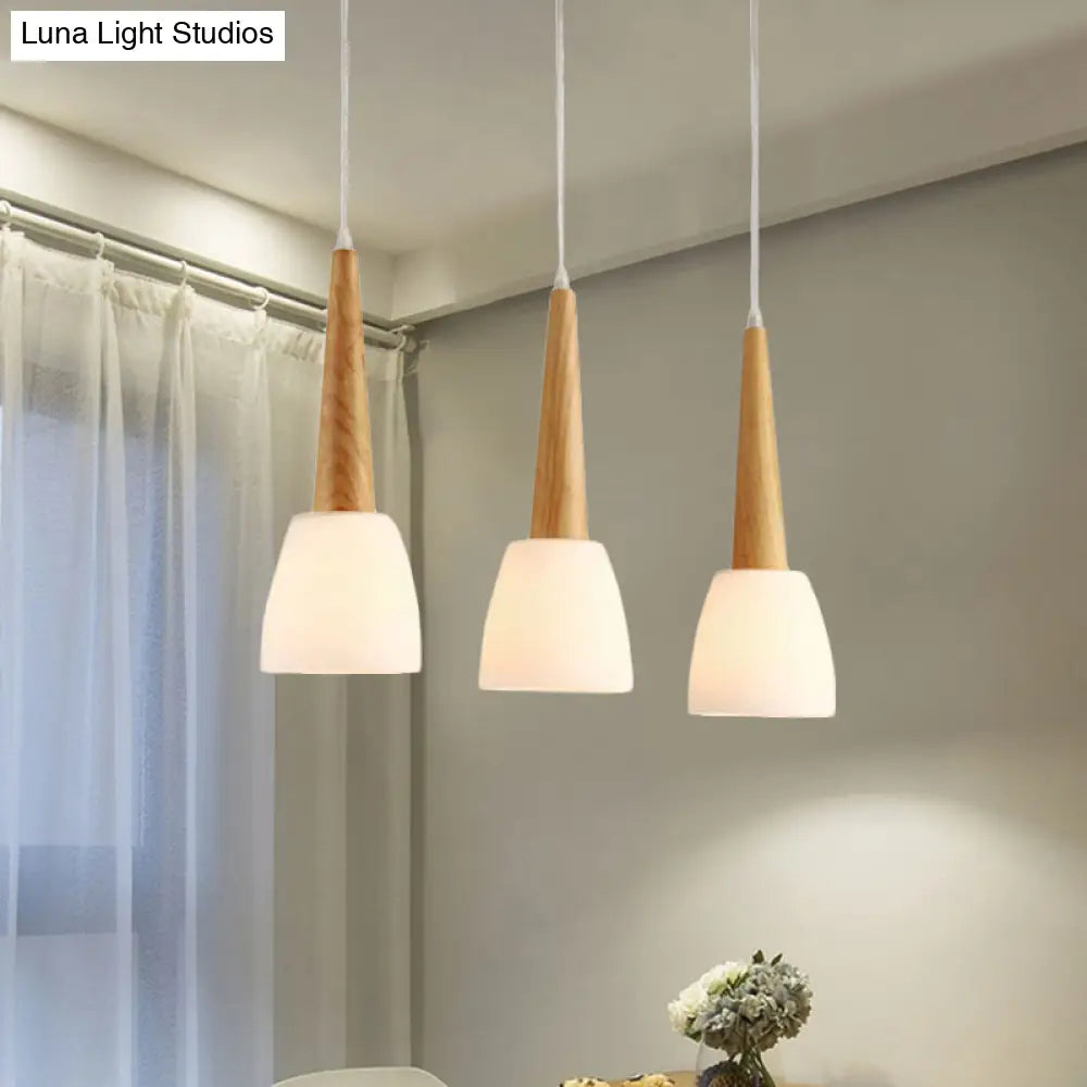 Frosted Glass Hanging Lamp With Wood Cap - 3-Light Modern Pendant Lighting For Dining Room In White