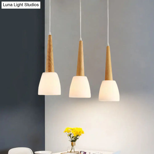 Modern Frosted Glass Hanging Lamp With Wood Cap - 3-Light Pendant For Dining Room In White