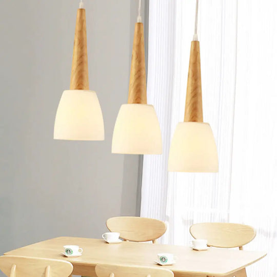 Frosted Glass Hanging Lamp With Wood Cap - 3-Light Modern Pendant Lighting For Dining Room In White