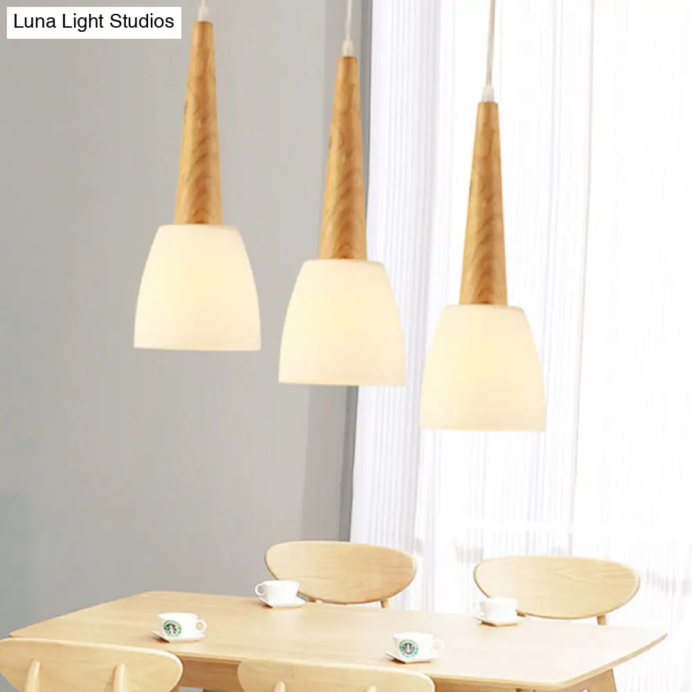 Modern Frosted Glass Hanging Lamp With Wood Cap - 3-Light Pendant For Dining Room In White