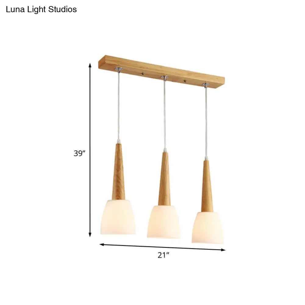 Modern Frosted Glass Hanging Lamp With Wood Cap - 3-Light Pendant For Dining Room In White