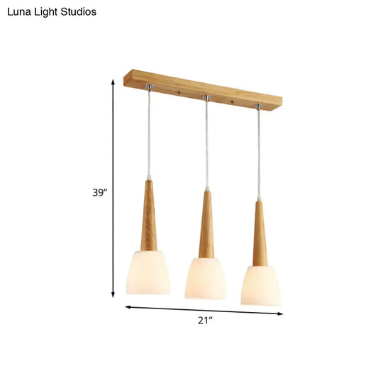 Modern Frosted Glass Hanging Lamp With Wood Cap - 3-Light Pendant For Dining Room In White