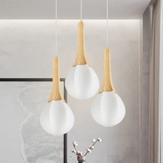 Frosted Glass Ice Cream Shape Pendant Light With Wood Ceiling Fixture And 3 Bulbs