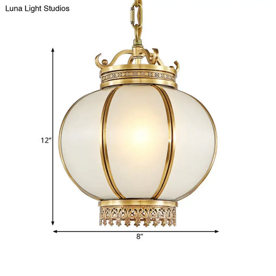 Frosted Glass Lantern Hanging Light - Traditional Brass Pendant For Bedroom