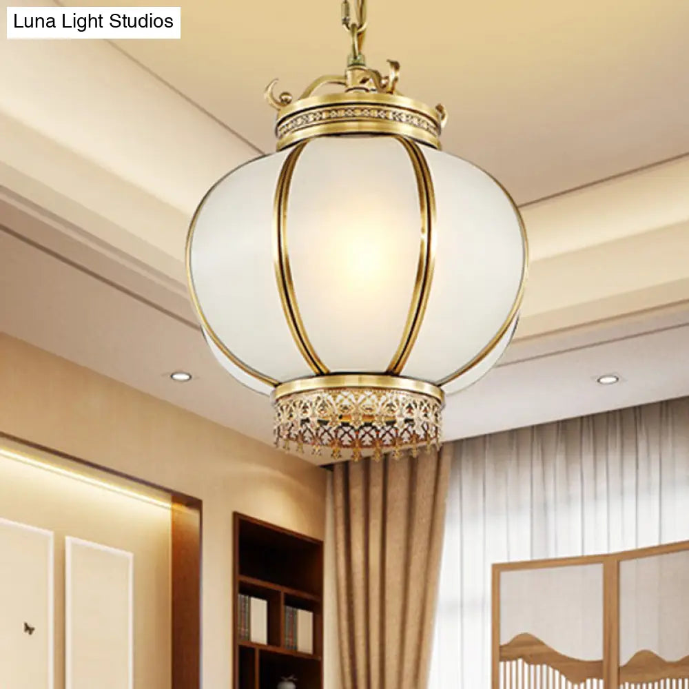 Frosted Glass Lantern Hanging Light - Traditional Brass Pendant For Bedroom