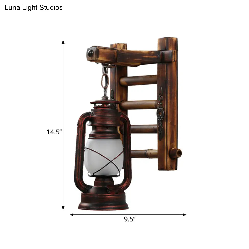 Frosted Glass Lantern Restaurant Wall Light - Copper Finish 1-Light Fixture With Bamboo Backplate