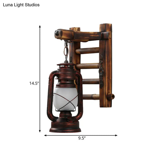 Frosted Glass Lantern Restaurant Wall Light - Copper Finish 1-Light Fixture With Bamboo Backplate