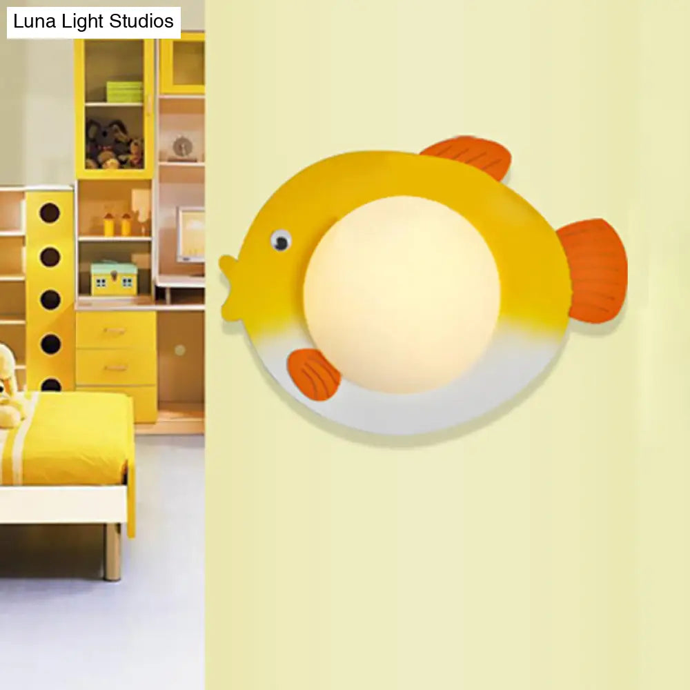 Frosted Glass Mini Sphere Sconce Kids Wall Light With Fish Backplate - Blue/Yellow Led Warm/White