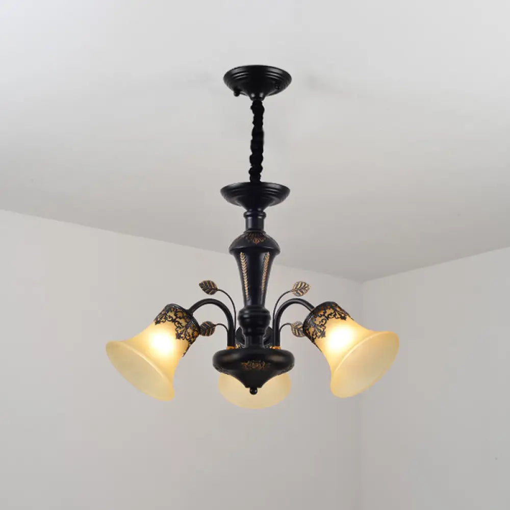 Frosted Glass Morning Glory Chandelier - Farmhouse Ceiling Pendant (3/6/8 Lights) In Black/White