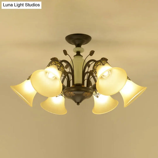 Frosted Glass Morning Glory Chandelier - Farmhouse Ceiling Pendant (3/6/8 Lights) In Black/White