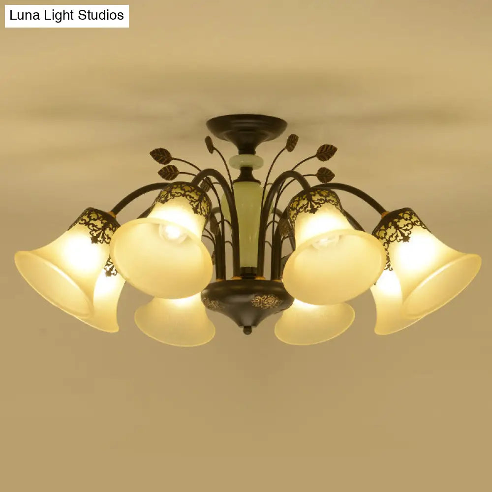 Frosted Glass Morning Glory Chandelier - Farmhouse Ceiling Pendant (3/6/8 Lights) In Black/White