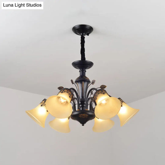 Frosted Glass Morning Glory Chandelier - Farmhouse Ceiling Pendant (3/6/8 Lights) In Black/White