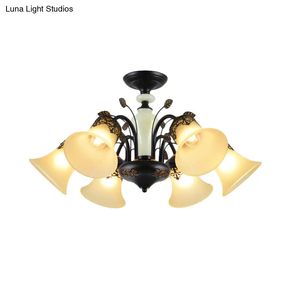 Farmhouse Frosted Glass Chandelier: Morning Glory Ceiling Pendant 3/6/8 Lights Black/White