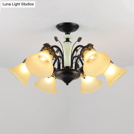 Farmhouse Frosted Glass Chandelier: Morning Glory Ceiling Pendant 3/6/8 Lights Black/White 6 / White