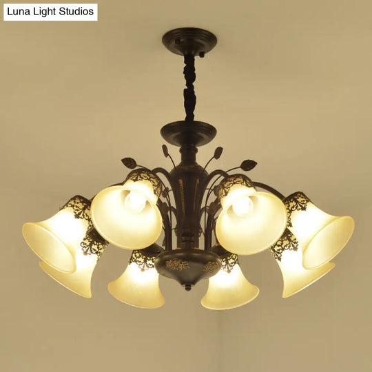 Farmhouse Frosted Glass Chandelier: Morning Glory Ceiling Pendant 3/6/8 Lights Black/White