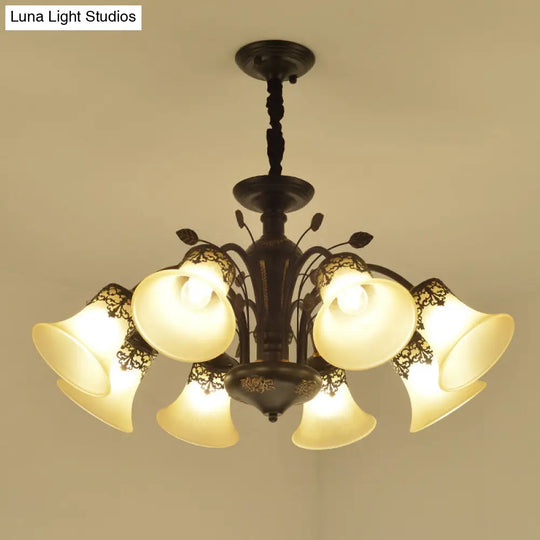 Frosted Glass Morning Glory Chandelier - Farmhouse Ceiling Pendant (3/6/8 Lights) In Black/White