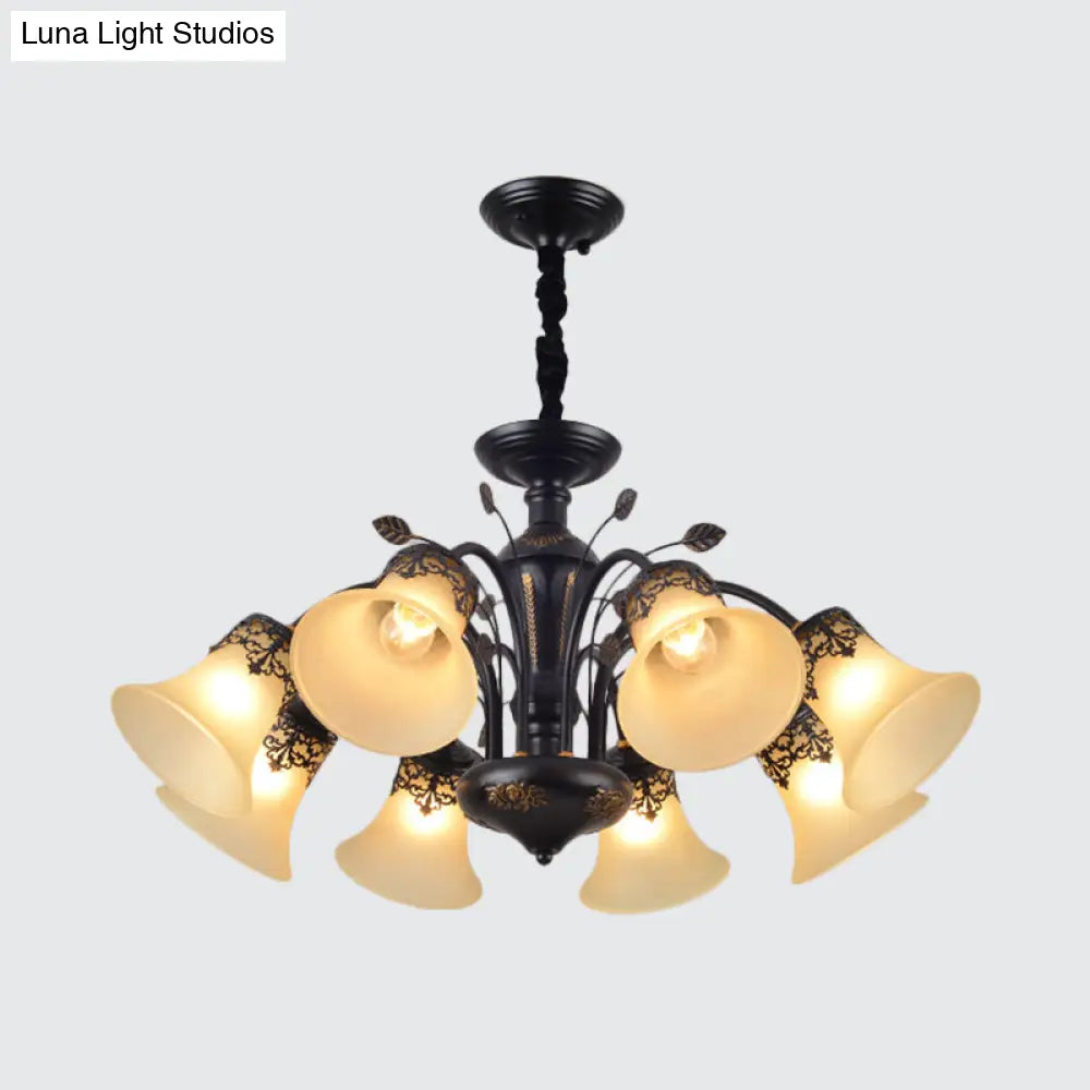 Frosted Glass Morning Glory Chandelier - Farmhouse Ceiling Pendant (3/6/8 Lights) In Black/White