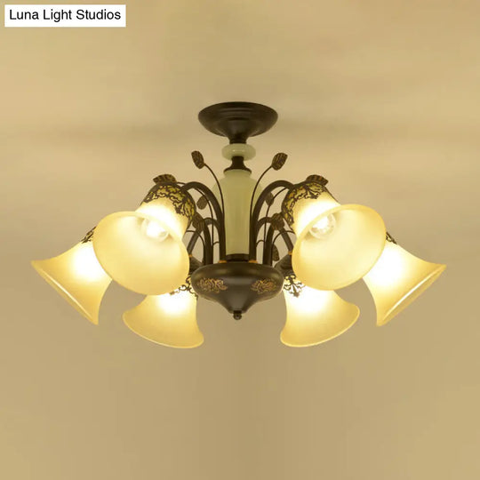 Farmhouse Frosted Glass Chandelier: Morning Glory Ceiling Pendant 3/6/8 Lights Black/White