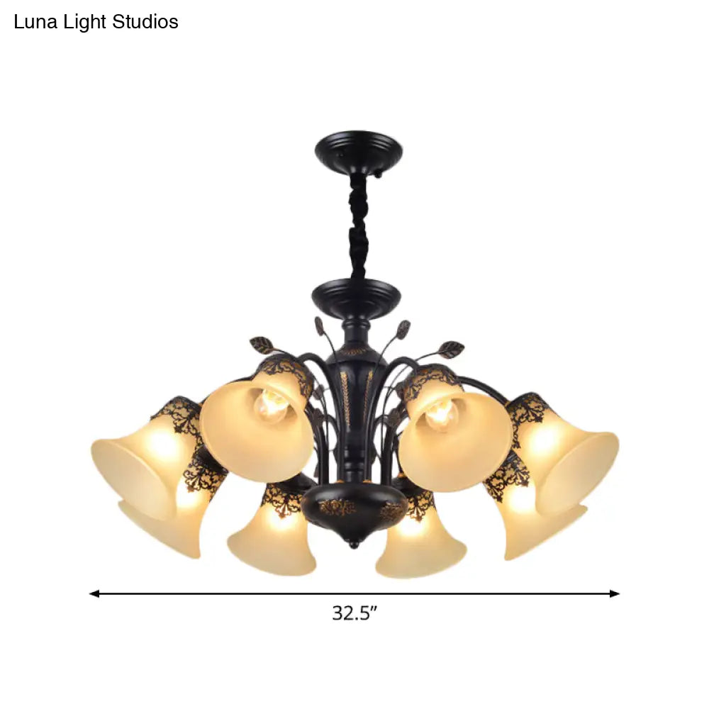 Frosted Glass Morning Glory Chandelier - Farmhouse Ceiling Pendant (3/6/8 Lights) In Black/White