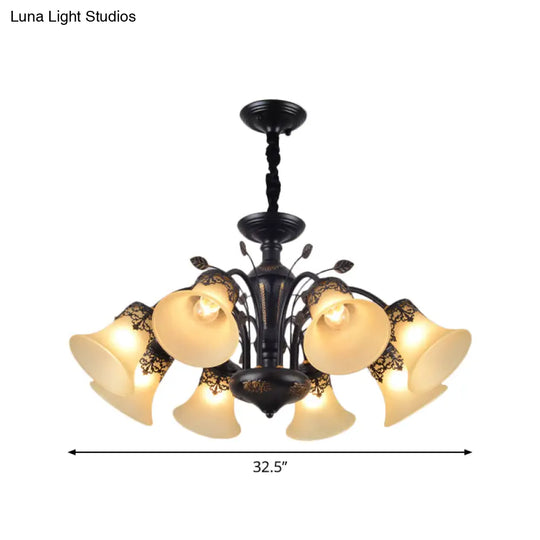 Frosted Glass Morning Glory Chandelier - Farmhouse Ceiling Pendant (3/6/8 Lights) In Black/White