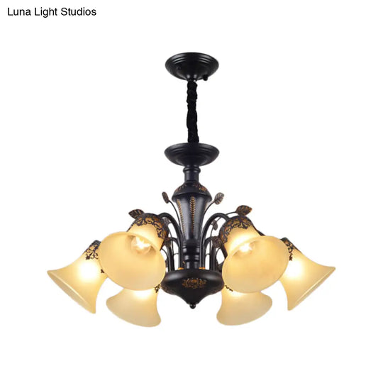 Frosted Glass Morning Glory Chandelier - Farmhouse Ceiling Pendant (3/6/8 Lights) In Black/White