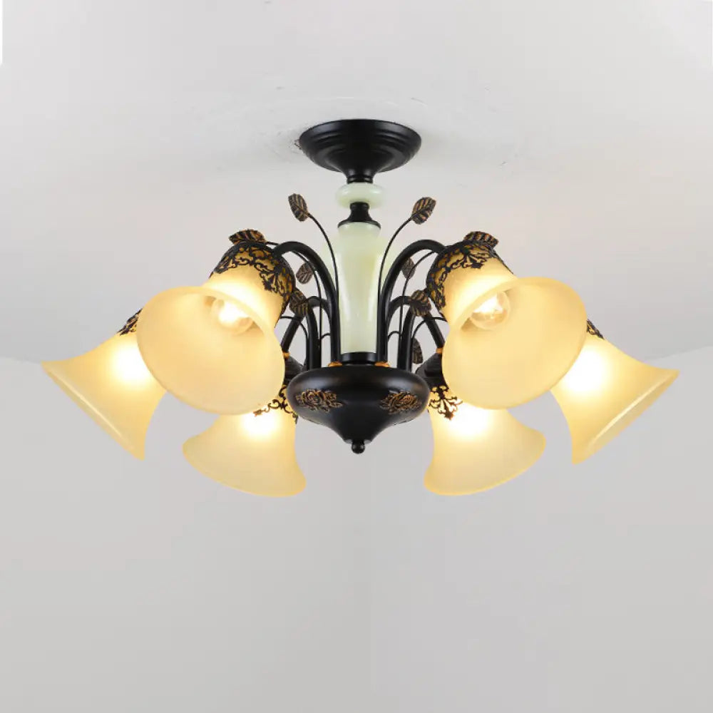 Frosted Glass Morning Glory Chandelier - Farmhouse Ceiling Pendant (3/6/8 Lights) In Black/White