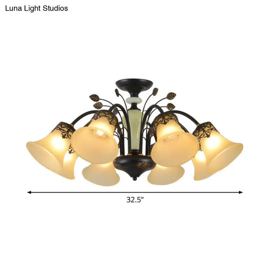 Farmhouse Frosted Glass Chandelier: Morning Glory Ceiling Pendant 3/6/8 Lights Black/White