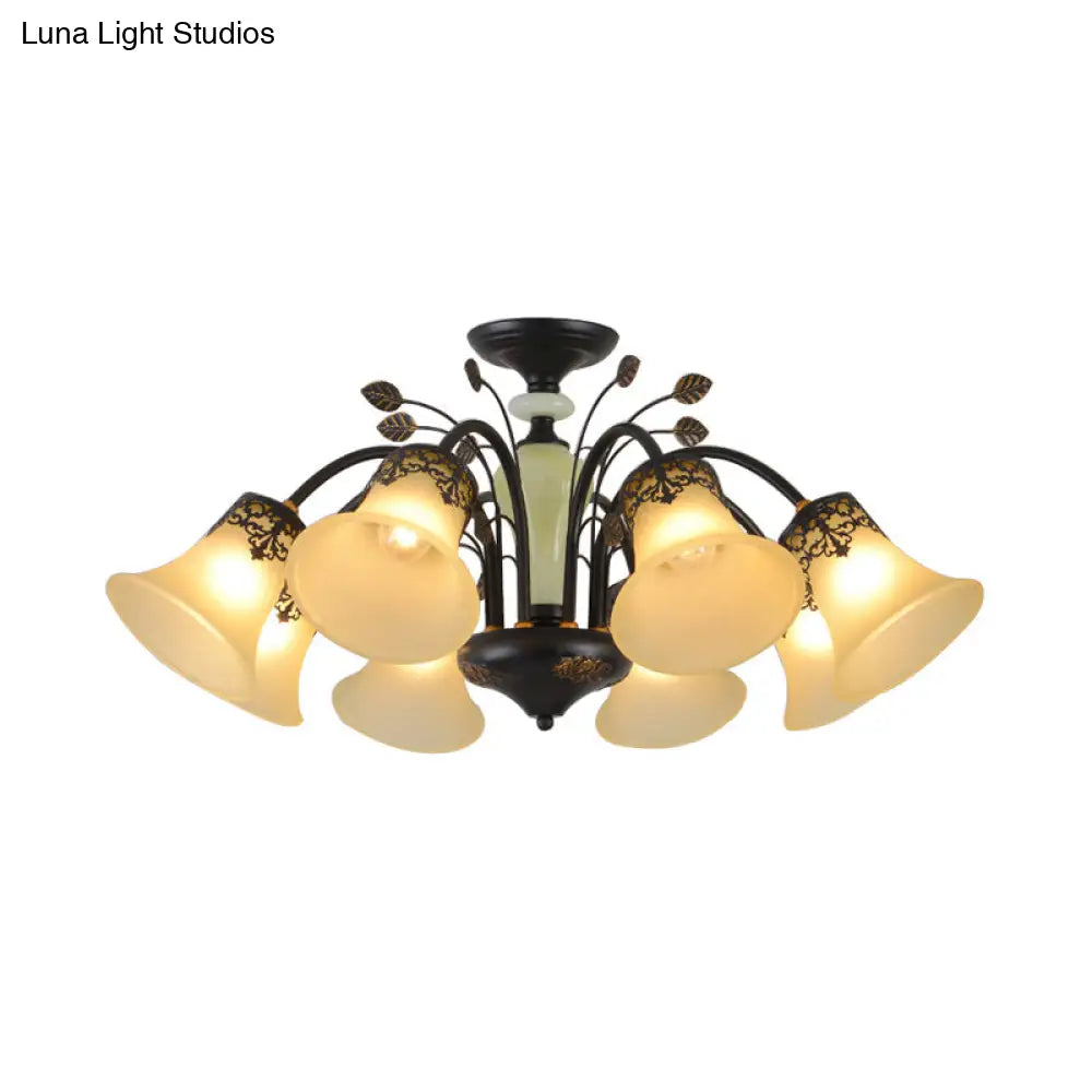 Frosted Glass Morning Glory Chandelier - Farmhouse Ceiling Pendant (3/6/8 Lights) In Black/White