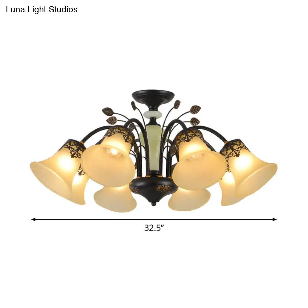 Frosted Glass Morning Glory Chandelier - Farmhouse Ceiling Pendant (3/6/8 Lights) In Black/White